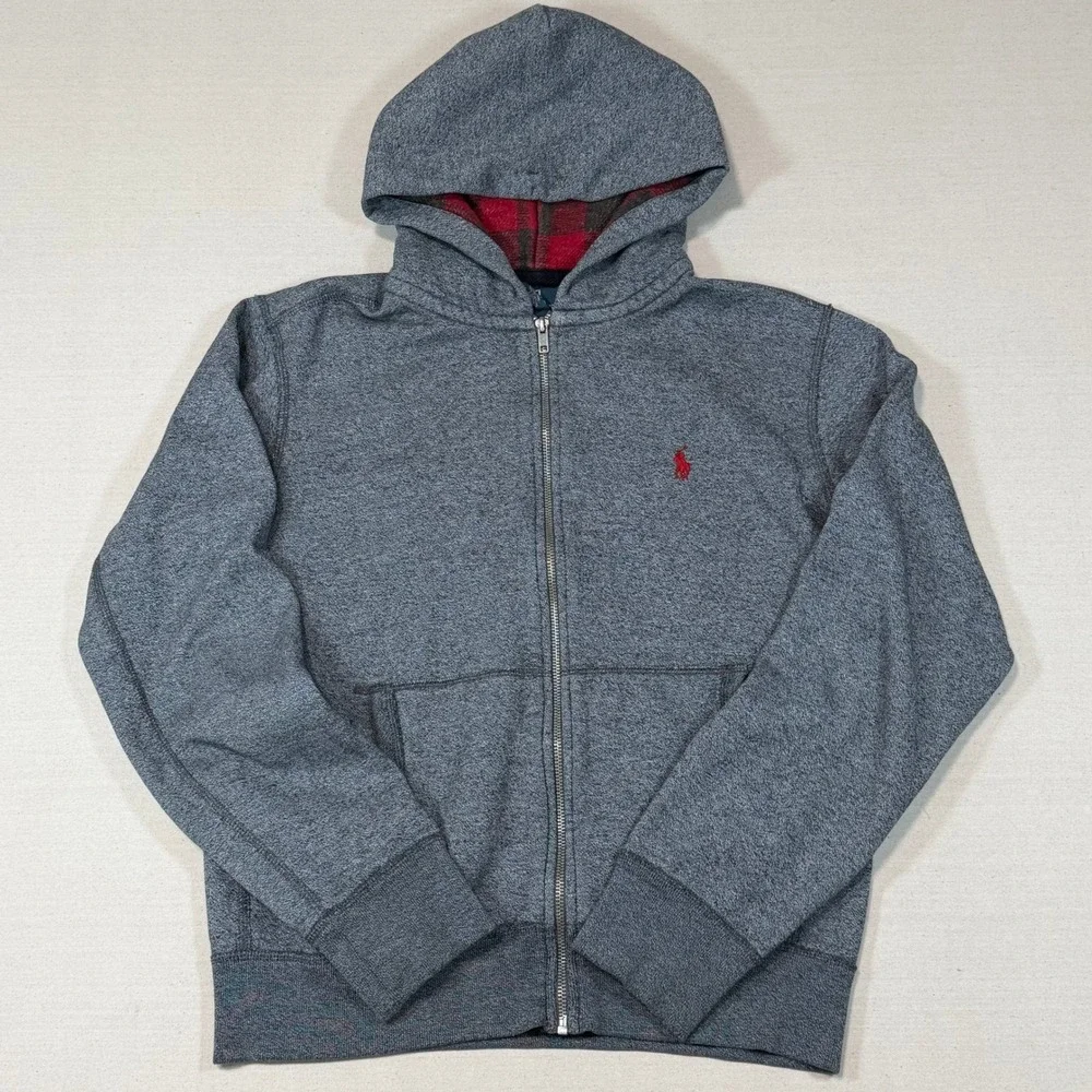 Vintage Polo Ralph Lauren Mens Full Zip Plaid Hoodie Hood Medium Talon Zipper